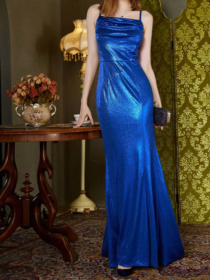Sheath Gown with Spaghetti Straps and Shimmer Finish