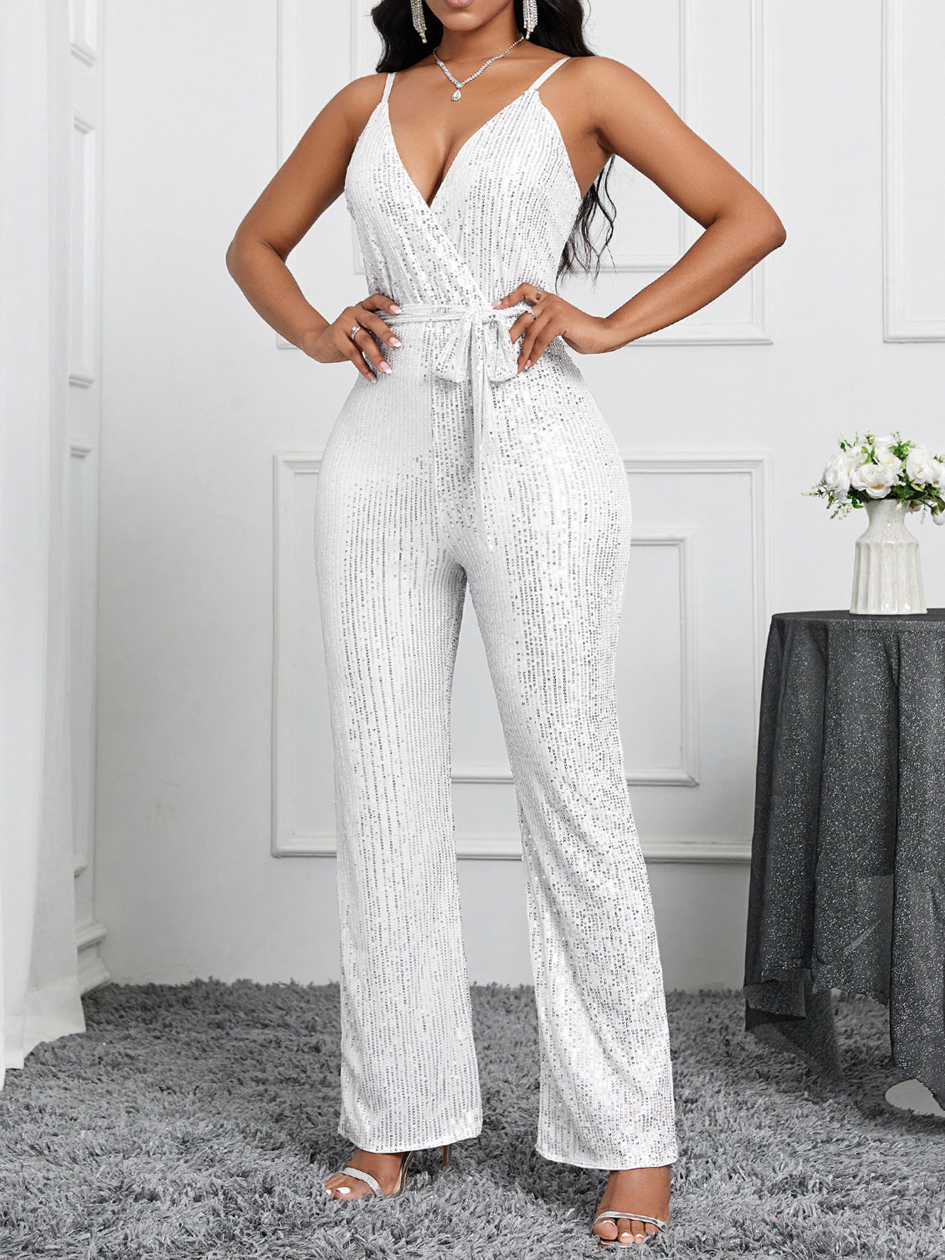 Sequined Straight-Leg Jumpsuit with V-Neck and Tie-Waist