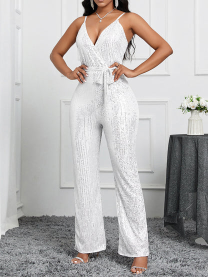 Sequined Straight-Leg Jumpsuit with V-Neck and Tie-Waist
