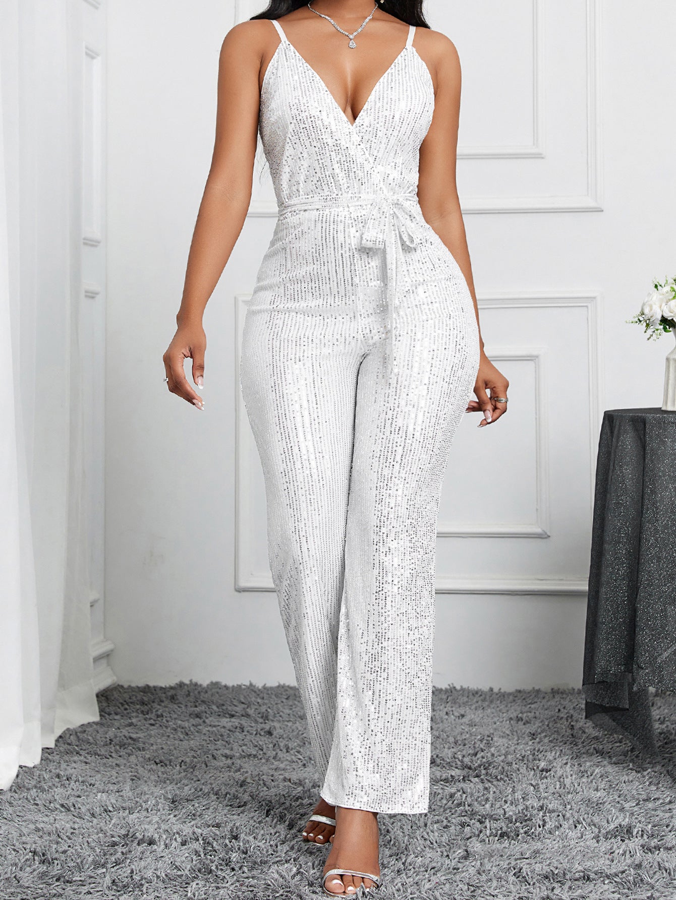 Sequined Straight-Leg Jumpsuit with V-Neck and Tie-Waist