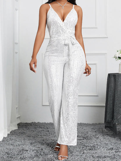 Sequined Straight-Leg Jumpsuit with V-Neck and Tie-Waist