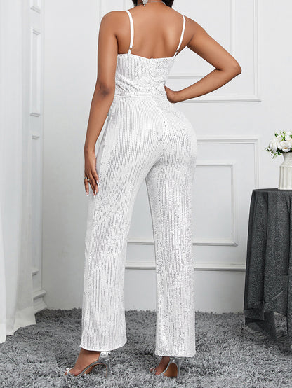 Sequined Straight-Leg Jumpsuit with V-Neck and Tie-Waist
