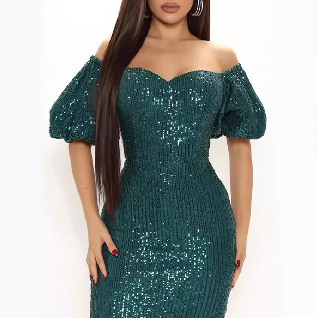 Sequined Bodycon Dress with Off-Shoulder Puff Sleeves
