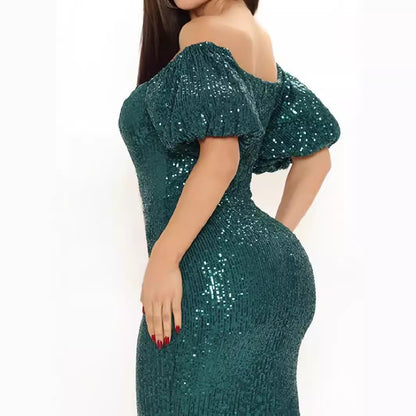 Sequined Bodycon Dress with Off-Shoulder Puff Sleeves