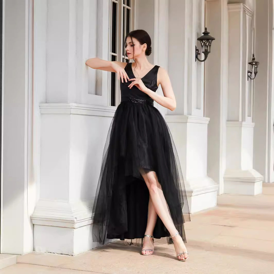 High-Low Tulle Gown with Deep V-Neck