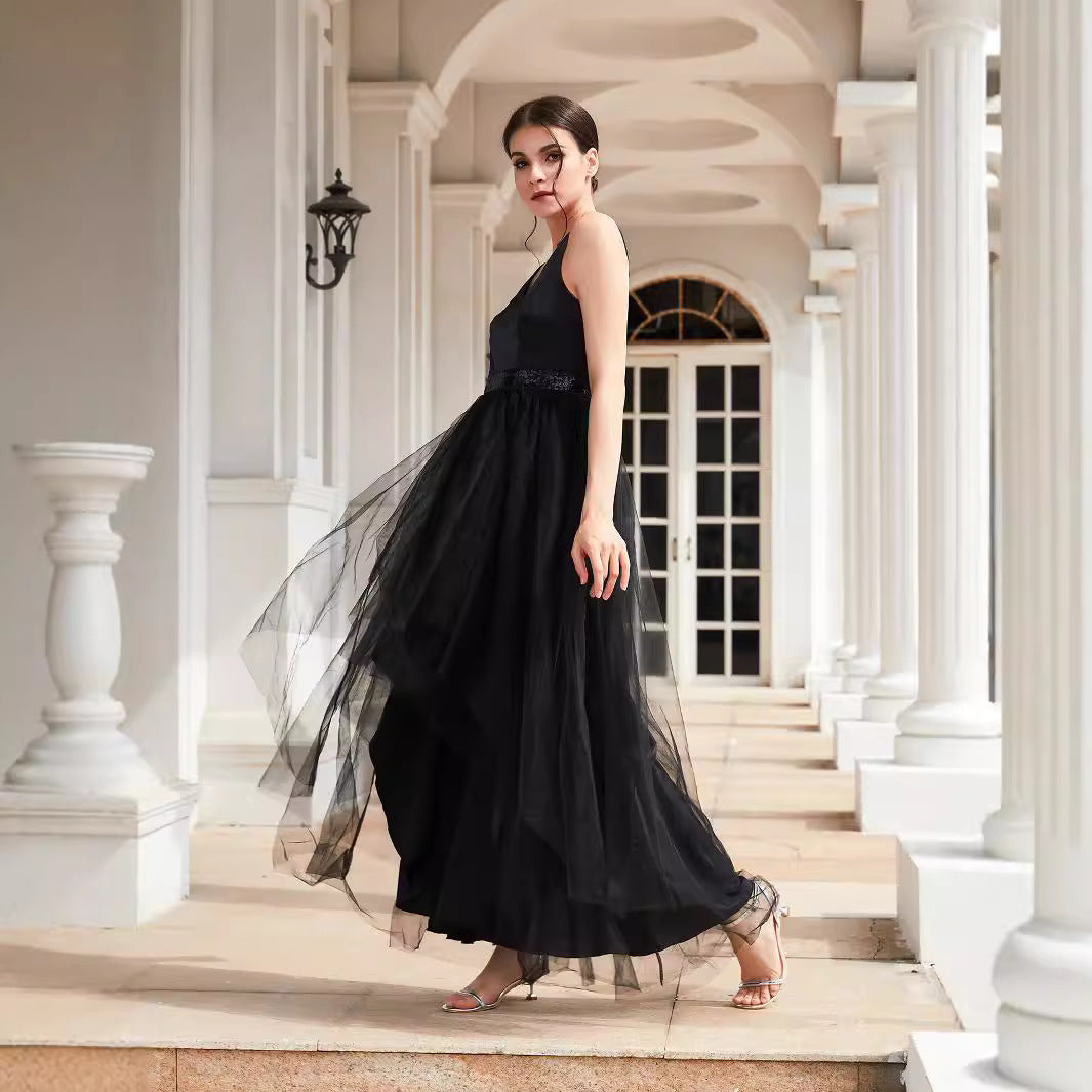 High-Low Tulle Gown with Deep V-Neck