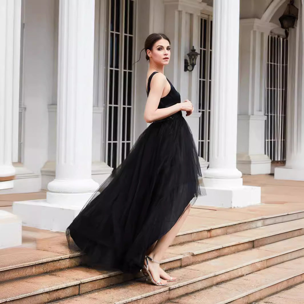 High-Low Tulle Gown with Deep V-Neck