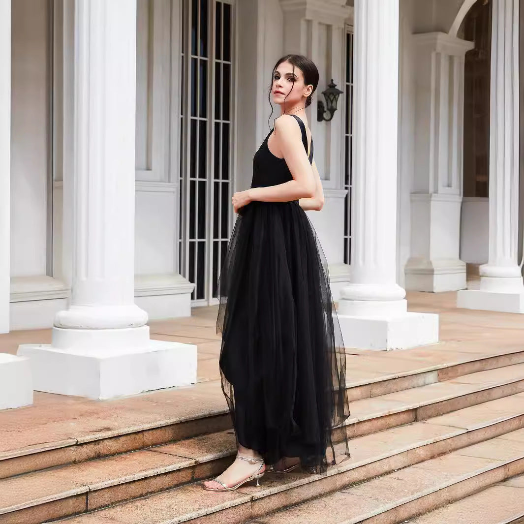 High-Low Tulle Gown with Deep V-Neck