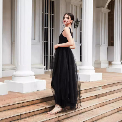 High-Low Tulle Gown with Deep V-Neck