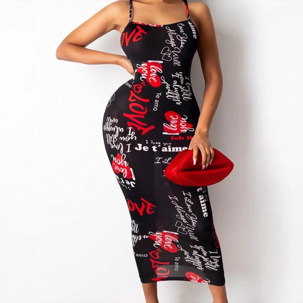 Letter Print Bodycon Midi Dress with Criss-Cross Back