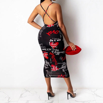 Letter Print Bodycon Midi Dress with Criss-Cross Back