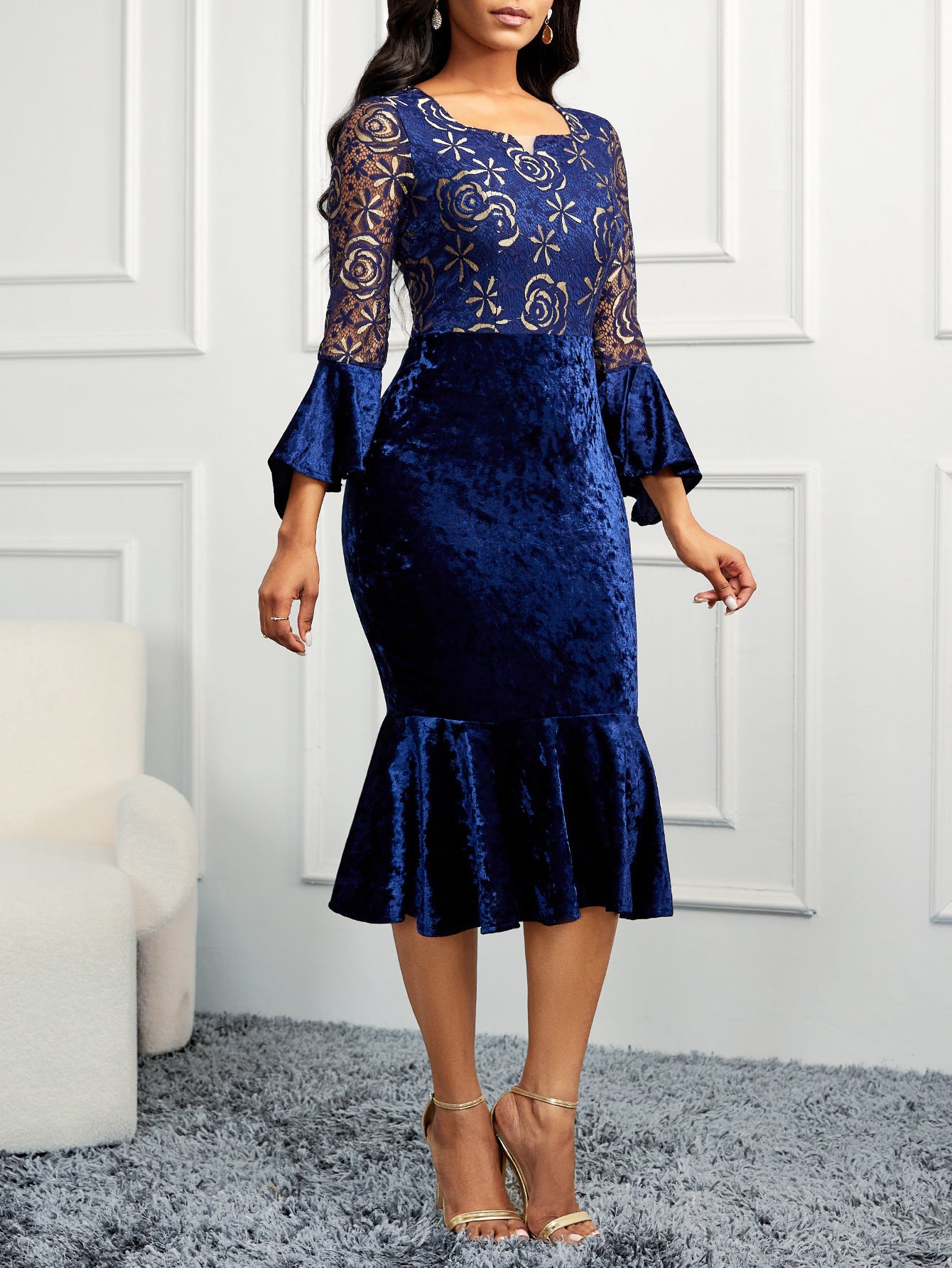 Lace Bodice Sheath Dress with Velvet Skirt and Bell Sleeves