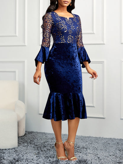 Lace Bodice Sheath Dress with Velvet Skirt and Bell Sleeves