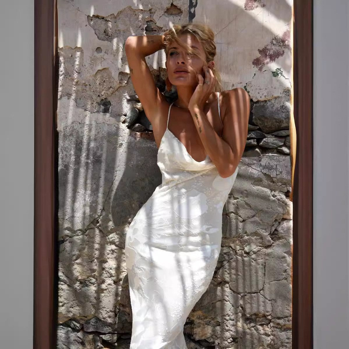 Slip Maxi Dress with Cowl Neck and Jacquard Pattern