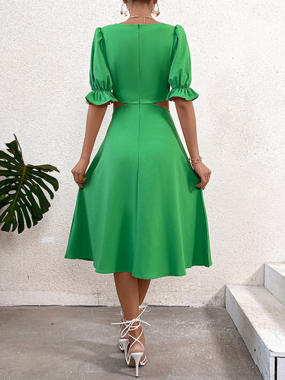 A-Line Midi Dress with Tie-Front, Cut-Out Waist, and Bubble Sleeves