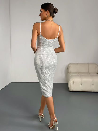 Sequined Bodycon Midi Dress with Lace-Up Front