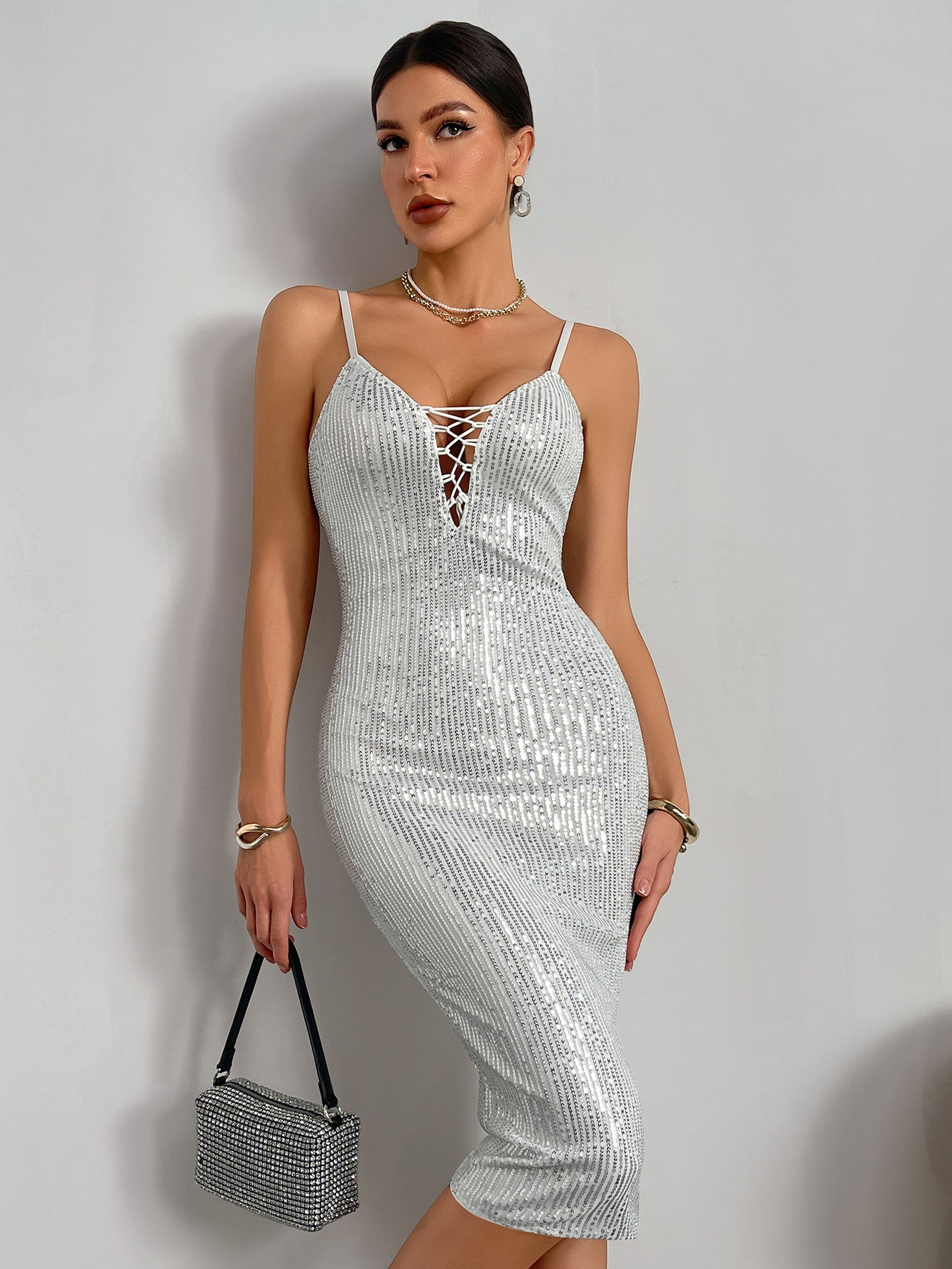 Sequined Bodycon Midi Dress with Lace-Up Front