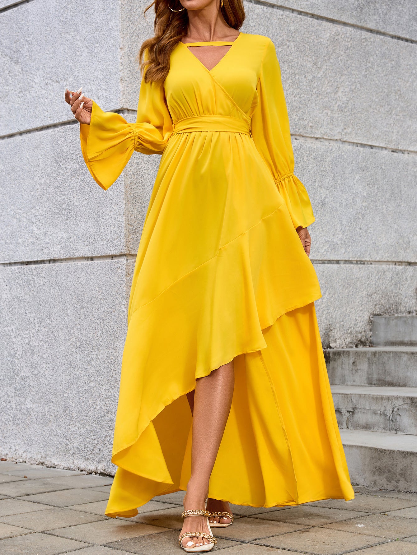 Wrap Maxi Dress with Deep V-Neck and High Slit