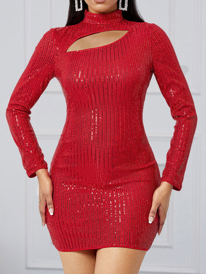 Sequined Bodycon Mini Dress with Stand Collar and Cutout