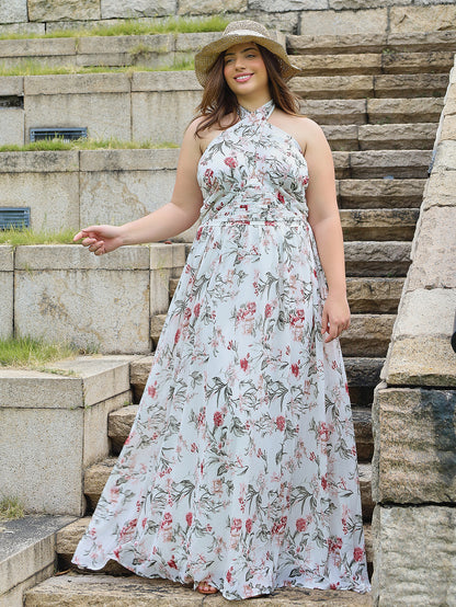 Floral Print A-Line Maxi Dress with Halter Neck and Backless