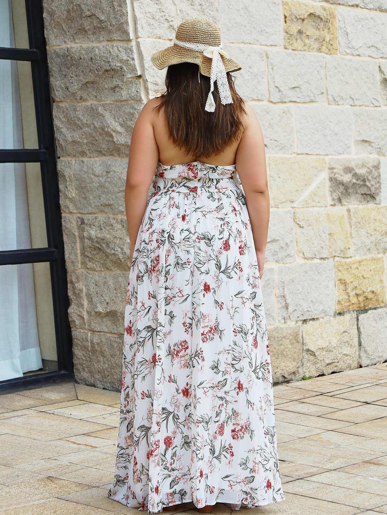 Floral Print A-Line Maxi Dress with Halter Neck and Backless