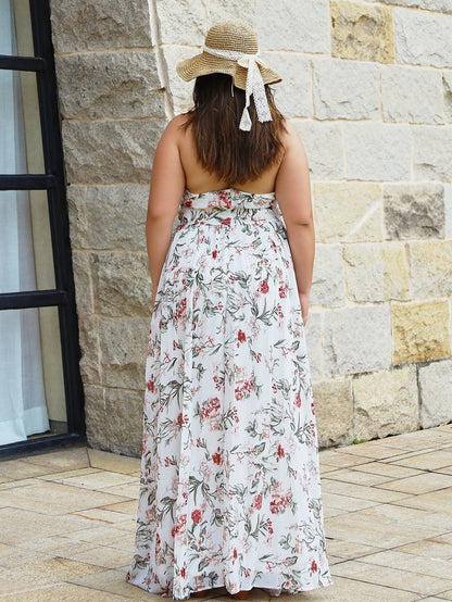 Floral Print A-Line Maxi Dress with Halter Neck and Backless