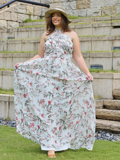 Floral Print A-Line Maxi Dress with Halter Neck and Backless