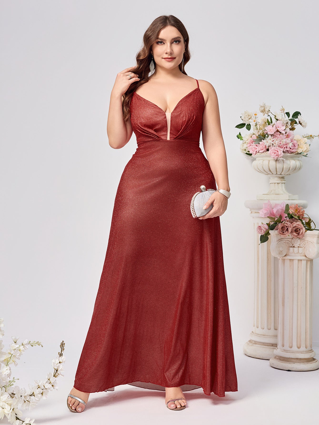 Glitter A-Line Maxi Dress with Plunge V-Neck and Lace-Up Back