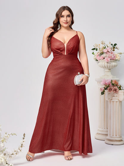 Glitter A-Line Maxi Dress with Plunge V-Neck and Lace-Up Back