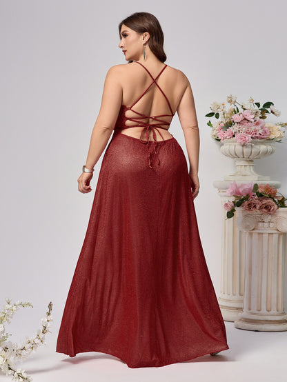 Glitter A-Line Maxi Dress with Plunge V-Neck and Lace-Up Back