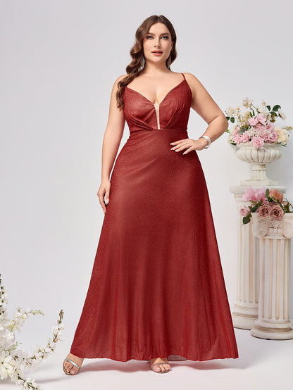 Glitter A-Line Maxi Dress with Plunge V-Neck and Lace-Up Back