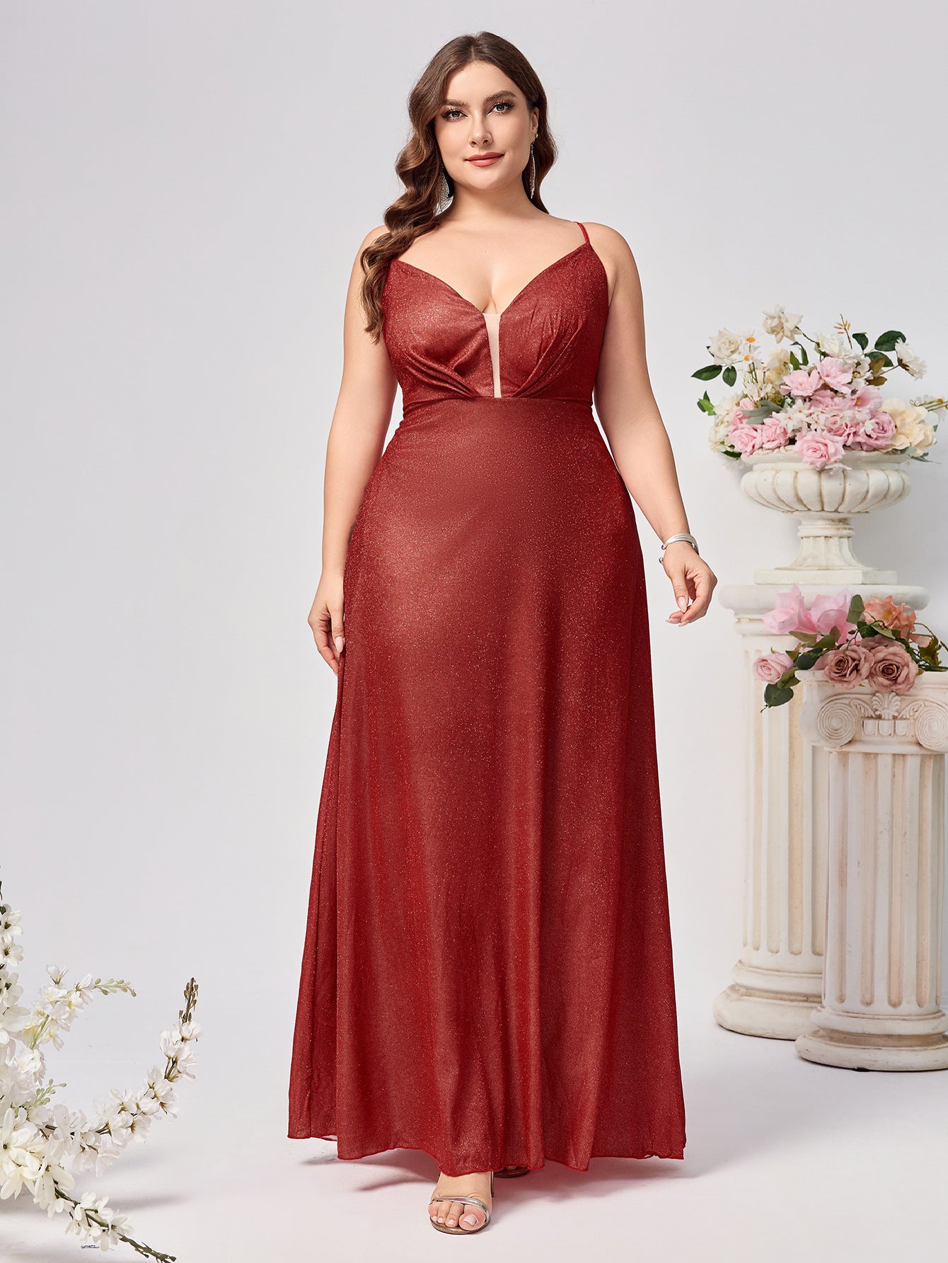 Glitter A-Line Maxi Dress with Plunge V-Neck and Lace-Up Back
