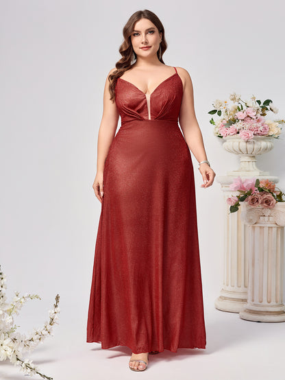 Glitter A-Line Maxi Dress with Plunge V-Neck and Lace-Up Back