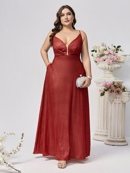 Glitter A-Line Maxi Dress with Plunge V-Neck and Lace-Up Back