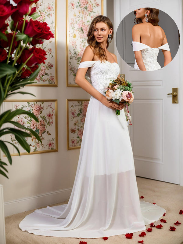 Chiffon A-Line Wedding Dress with Off-Shoulder Straps and Lace Bodice