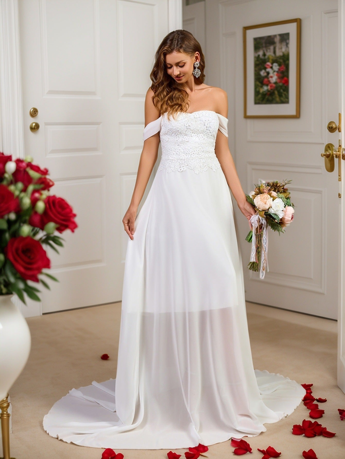 Chiffon A-Line Wedding Dress with Off-Shoulder Straps and Lace Bodice