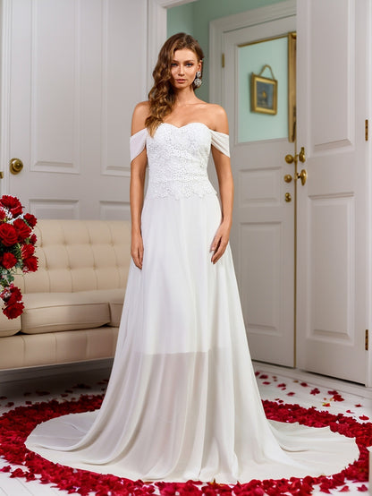 Chiffon A-Line Wedding Dress with Off-Shoulder Straps and Lace Bodice