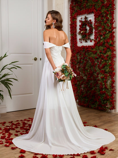 Chiffon A-Line Wedding Dress with Off-Shoulder Straps and Lace Bodice