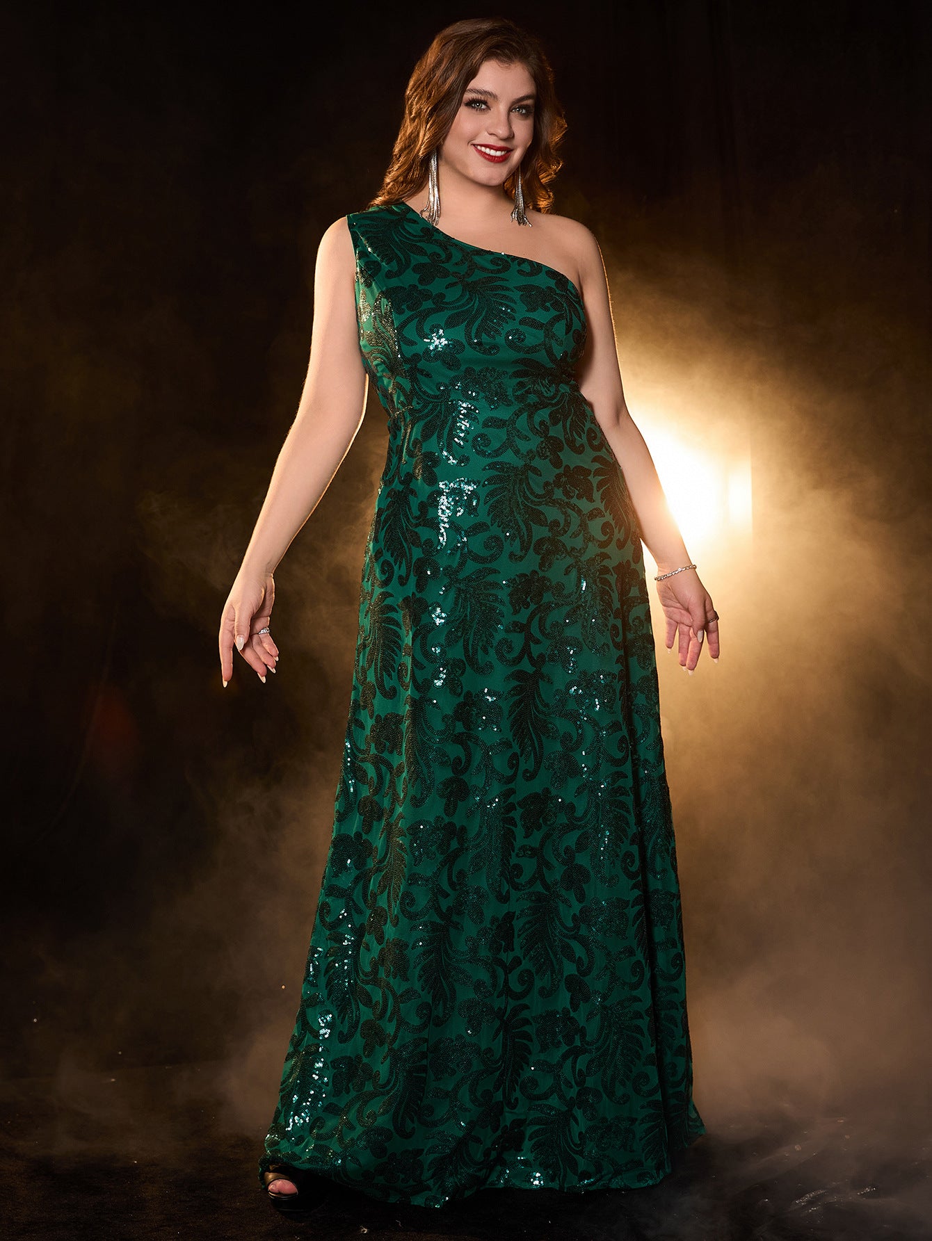Plus Size Sequined A-Line One-Shoulder Maxi Dress