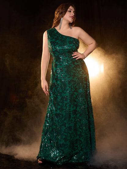Plus Size Sequined A-Line One-Shoulder Maxi Dress
