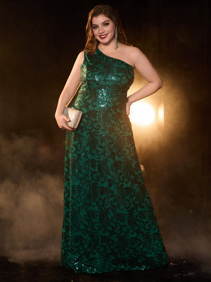 Plus Size Sequined A-Line One-Shoulder Maxi Dress