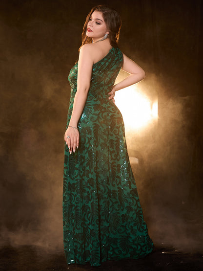 Plus Size Sequined A-Line One-Shoulder Maxi Dress