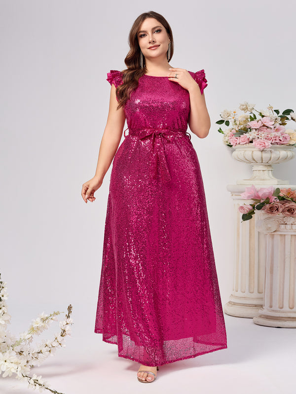Plus-Size A-Line Sequin Maxi Dress with Ruffle Sleeves and Belt