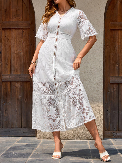 Lace Embroidered A-Line Maxi Dress with V-Neck and Short Sleeves