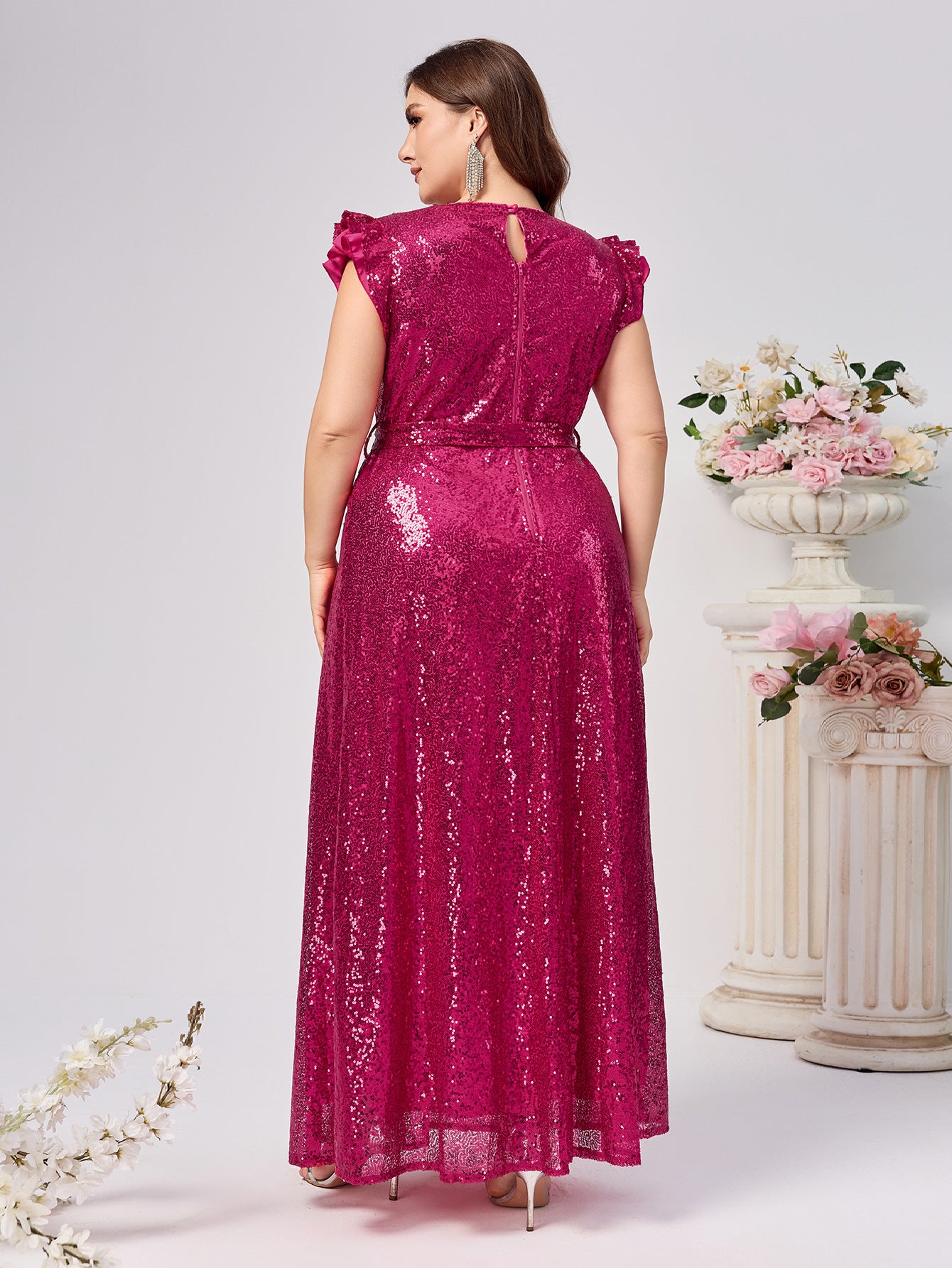Plus-Size A-Line Sequin Maxi Dress with Ruffle Sleeves and Belt