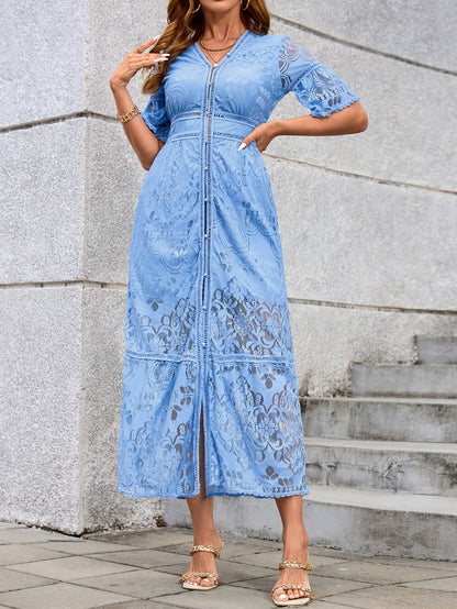 Lace Embroidered A-Line Maxi Dress with V-Neck and Short Sleeves