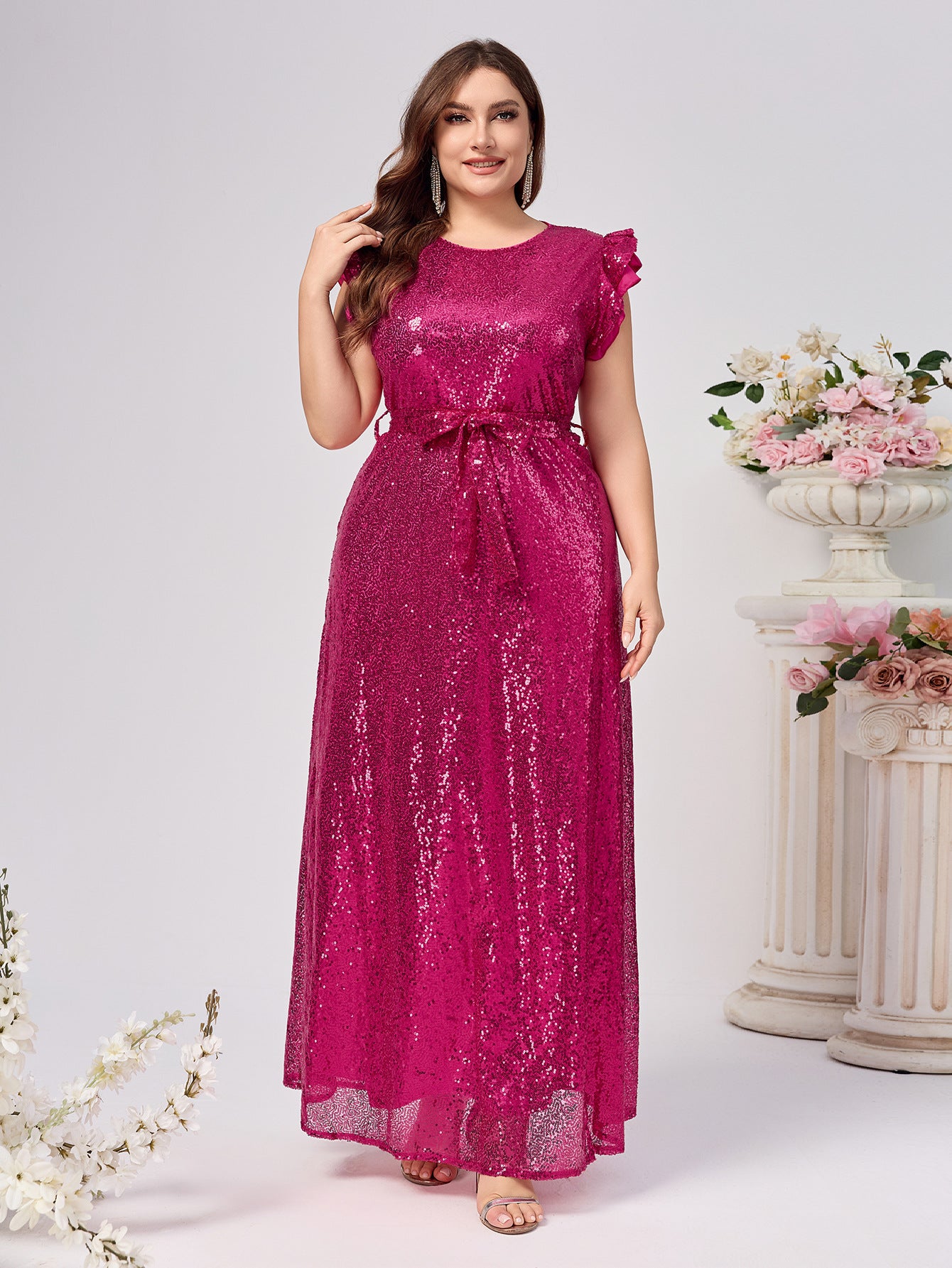 Plus-Size A-Line Sequin Maxi Dress with Ruffle Sleeves and Belt