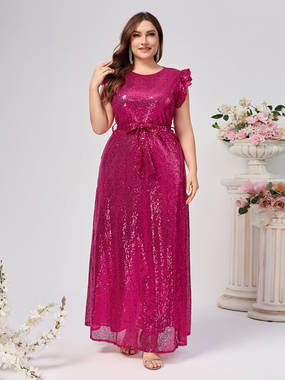 Plus-Size A-Line Sequin Maxi Dress with Ruffle Sleeves and Belt