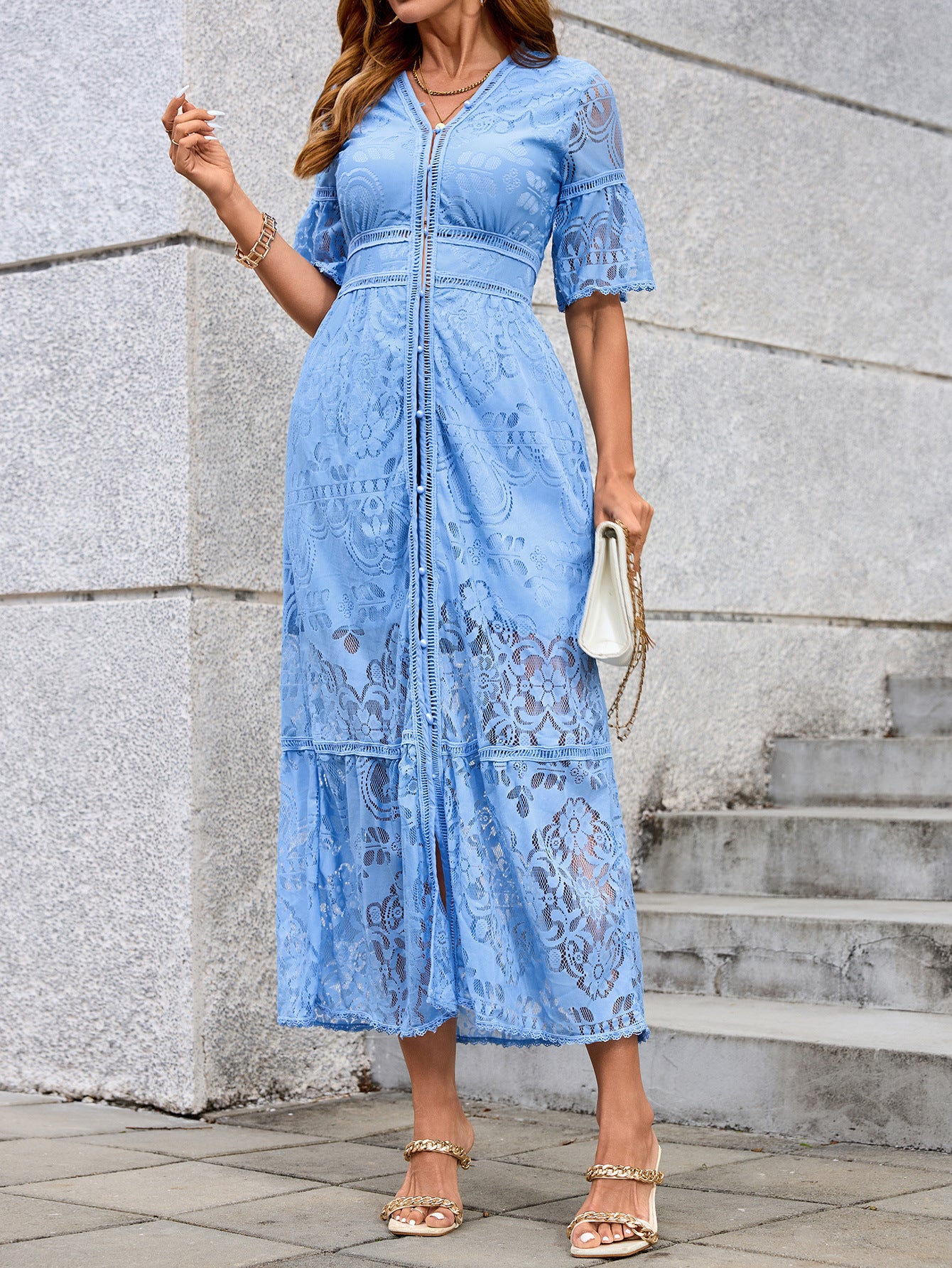 Lace Embroidered A-Line Maxi Dress with V-Neck and Short Sleeves