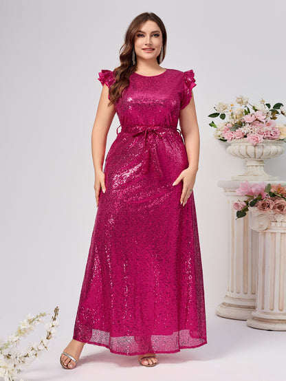 Plus-Size A-Line Sequin Maxi Dress with Ruffle Sleeves and Belt
